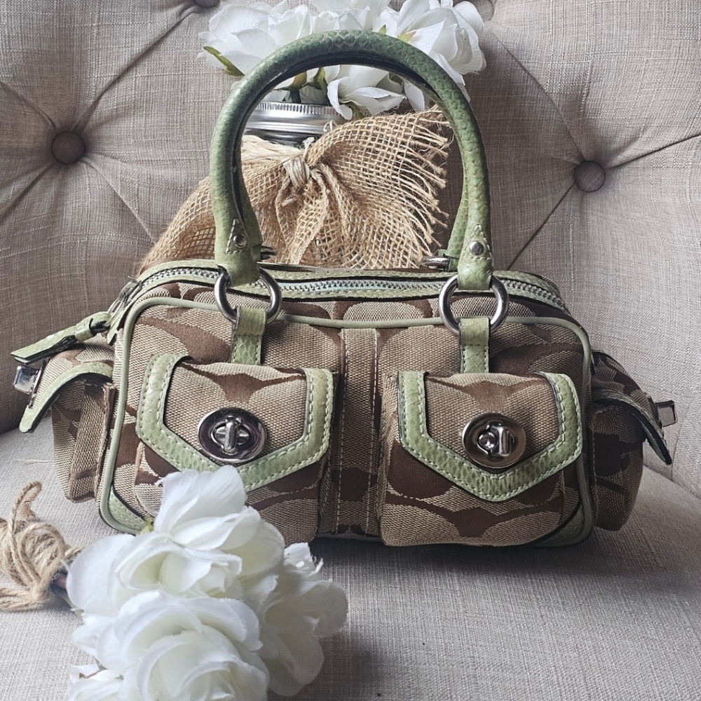 Vintage Coach Signature Jacquard & Genuine Python Mini Sachel # 5226  ( Aqua )